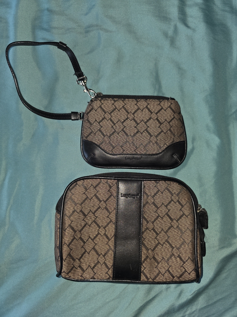 Longaberger Brown Patterned Wristlet and Cosmetic Bag Set